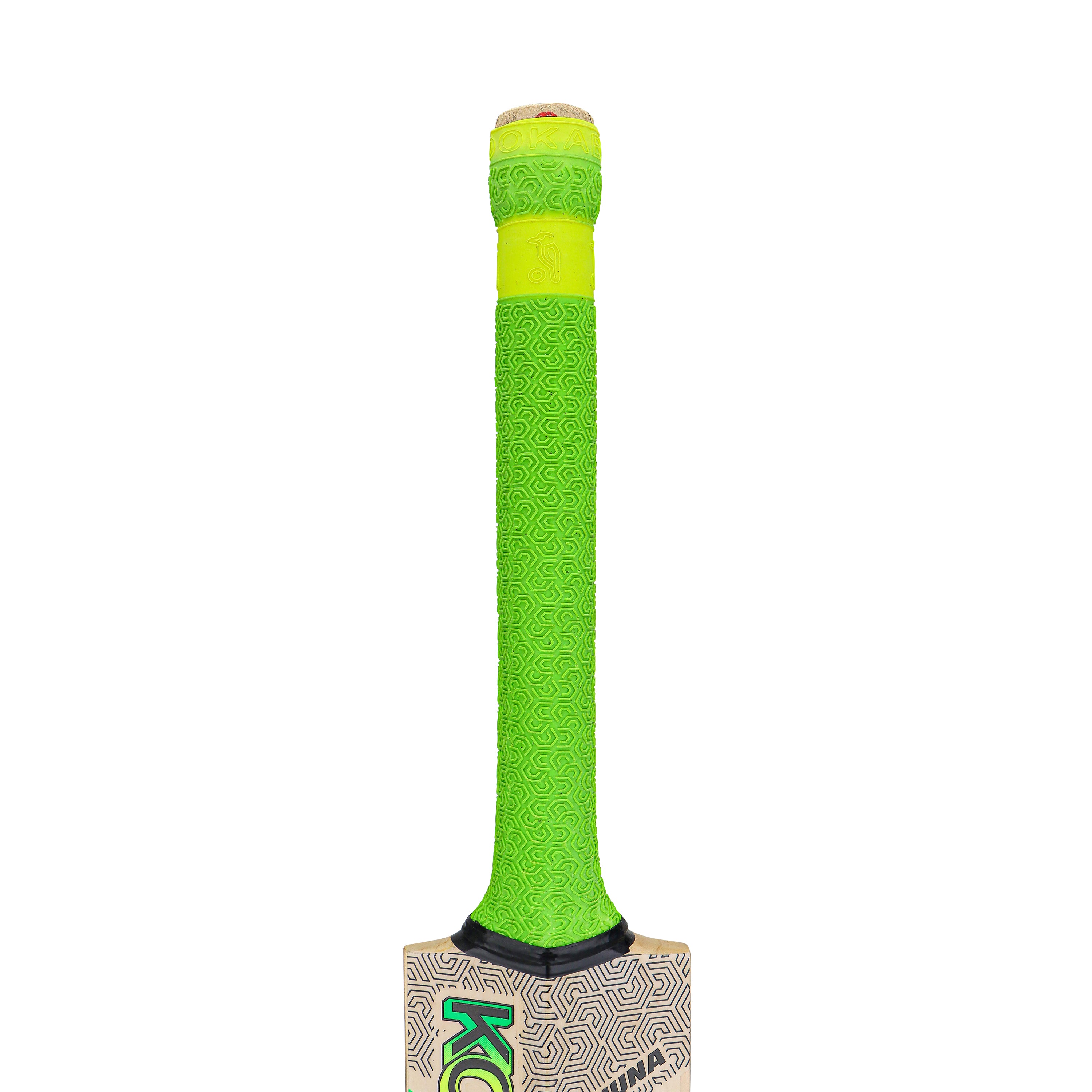 The image shows the handle of a Kookaburra Kahuna 5.1 Legend Cricket Bat 2026, featuring a bright green grip with a subtle swirl pattern and yellow-green rubber at the top, seamlessly connecting to the bat’s blade.