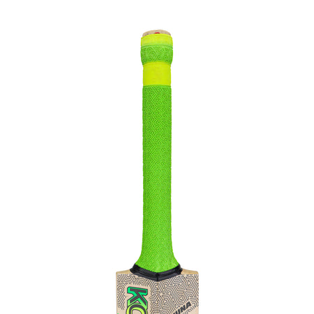 The image shows the handle of a Kookaburra Kahuna 5.1 Legend Cricket Bat 2026, featuring a bright green grip with a subtle swirl pattern and yellow-green rubber at the top, seamlessly connecting to the bat’s blade.