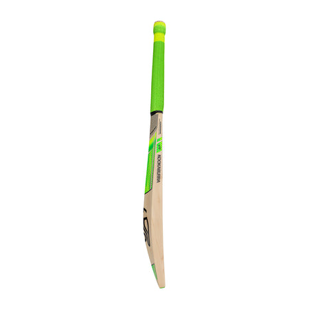 The Kookaburra Kahuna 5.1 Legend Cricket Bat 2026 by Kookaburra, featuring a natural wood blade and bright green grip, is shown standing upright on a plain white background.