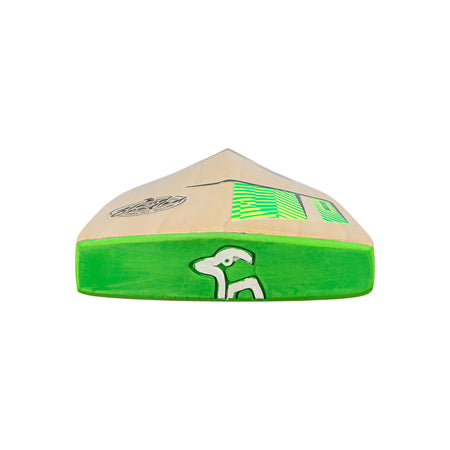 The Kookaburra Kahuna 5.1 Legend Cricket Bat 2026 features green accents, geometric top patterns, and a white animal graphic on the front—echoing the iconic Kookaburra design—against a plain white background.