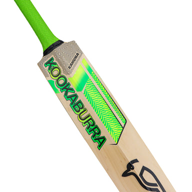 Close-up of the Kookaburra Kahuna 6.2 Ultra Cricket Bat 2026 by Kookaburra, made from English Willow with a green grip, neon green branding, iconic Kookaburra logo, and unique blade patterns.