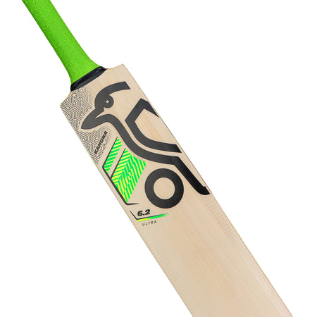 The Kookaburra Kahuna 6.2 Ultra Cricket Bat 2026 features a green handle, black and green abstract logo, geometric design, and “G.2 ULTRA” label—ideal for those seeking a quality English Willow cricket bat from Kookaburra.