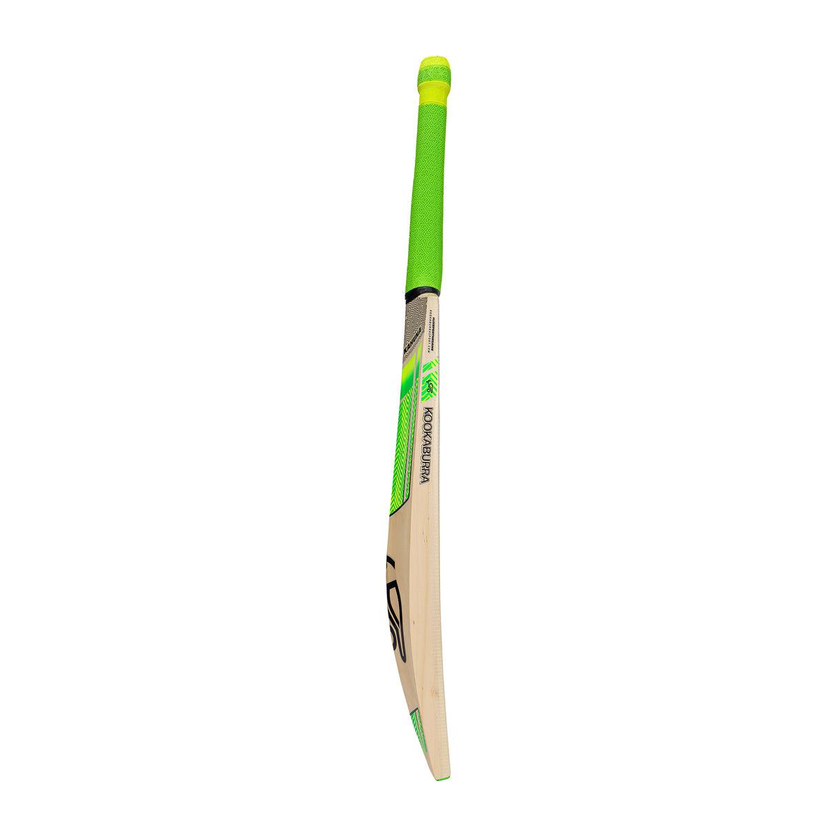 The Kookaburra Kahuna 6.2 Ultra Cricket Bat 2026 features a bright green handle and green blade accents, shown upright against a white background.