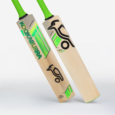 Two Kookaburra Kahuna 6.2 Ultra Cricket Bat 2026 models with green handles and black-neon green branding, displayed front and back against a white background.