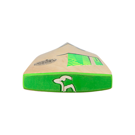 The Kookaburra Kahuna 6.2 Ultra Cricket Bat 2026 is shown from a bottom angle, featuring a green edge, white dog logo, and decorative green and black patterns on the blade against a white background.