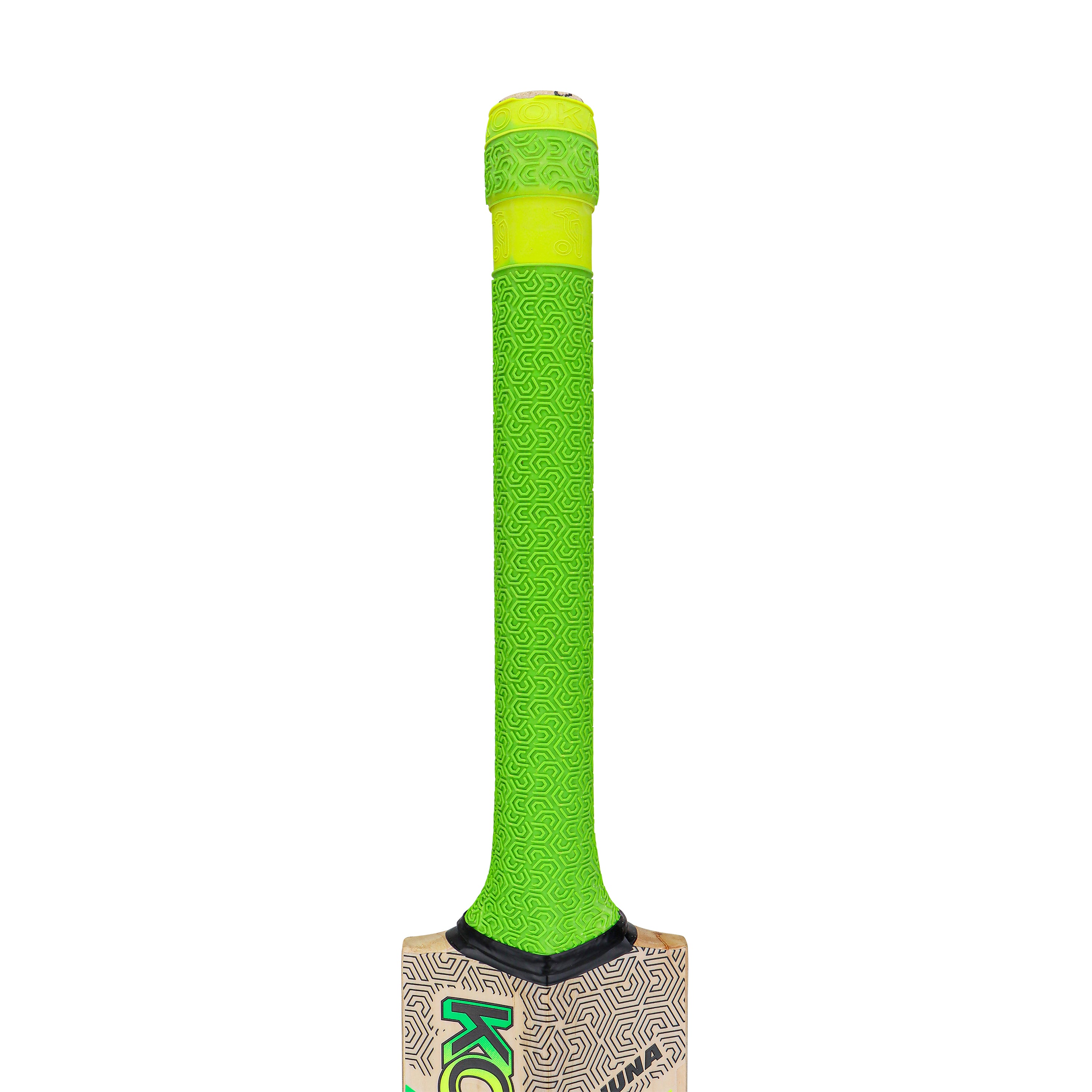 A close-up of the handle of the Kookaburra Kahuna 6.4 Ultimate Cricket Bat 2026 by Kookaburra, featuring a bright green wavy-patterned grip on the top of an English Willow bat.
