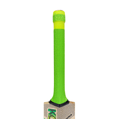 A close-up of the handle of the Kookaburra Kahuna 6.4 Ultimate Cricket Bat 2026 by Kookaburra, featuring a bright green wavy-patterned grip on the top of an English Willow bat.