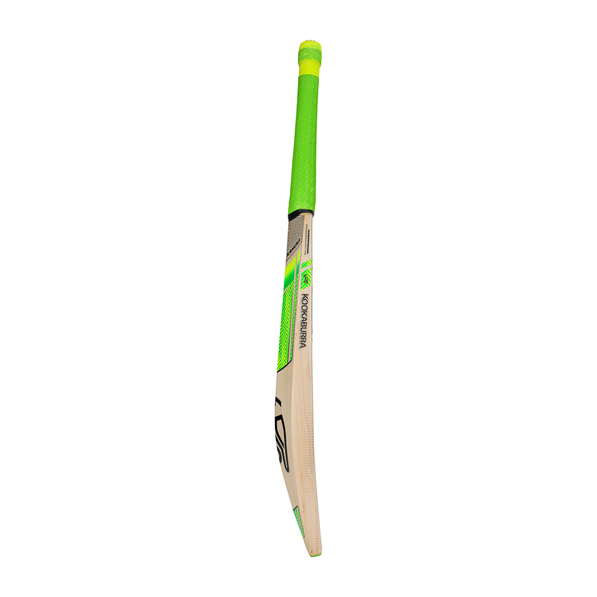 A Kookaburra Kahuna 6.4 Ultimate Cricket Bat 2026 from Kookaburra, crafted from English Willow with a bright green handle and green accents, stands upright against a plain white background.