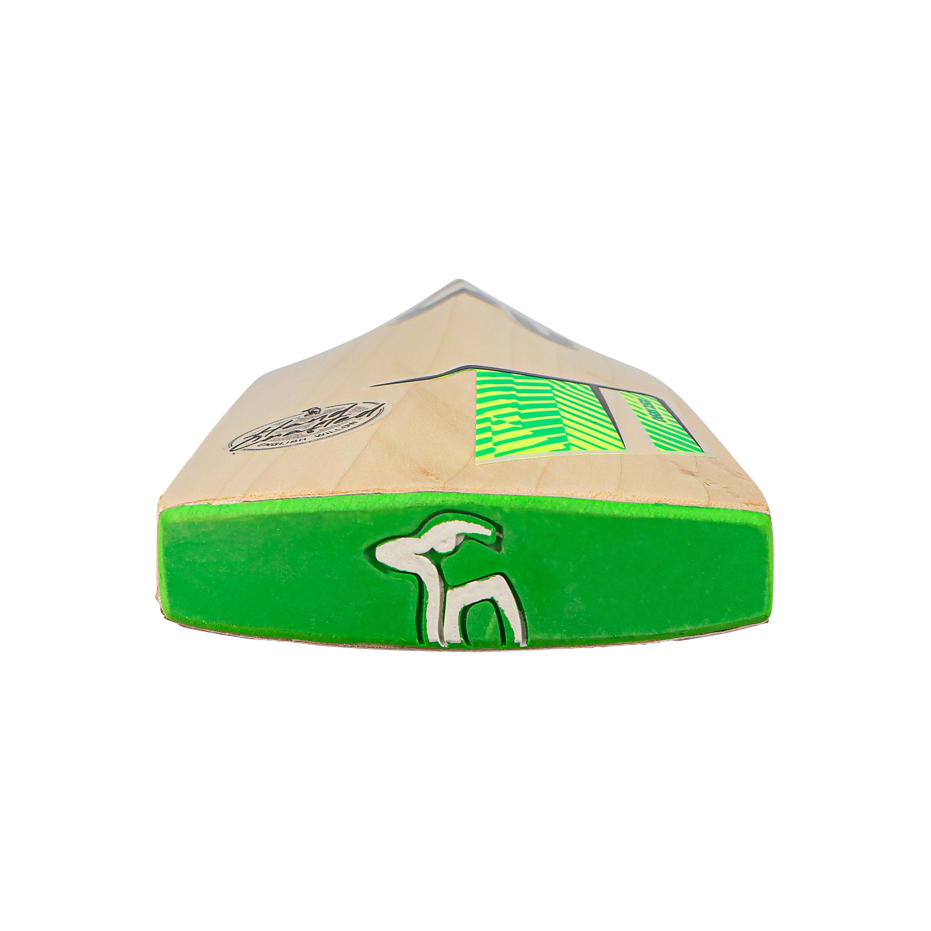 Close-up of the toe of the Kookaburra Kahuna 6.4 Ultimate Cricket Bat 2026, showing a green edge, white animal logo, geometric green patterns, and a durable Pro Shield face. This English Willow bat is crafted by Kookaburra.