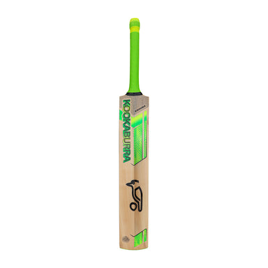 The Kookaburra Kahuna 6.3 Select Junior Cricket Bat 2026 stands upright against a white background, showcasing its bright green handle and distinctive green Kookaburra branding.