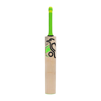 The Kookaburra Kahuna 6.3 Select Junior Cricket Bat 2026 stands upright, featuring a light English willow blade, bright green handle, and the brand’s black and green bird logo against a plain white background.