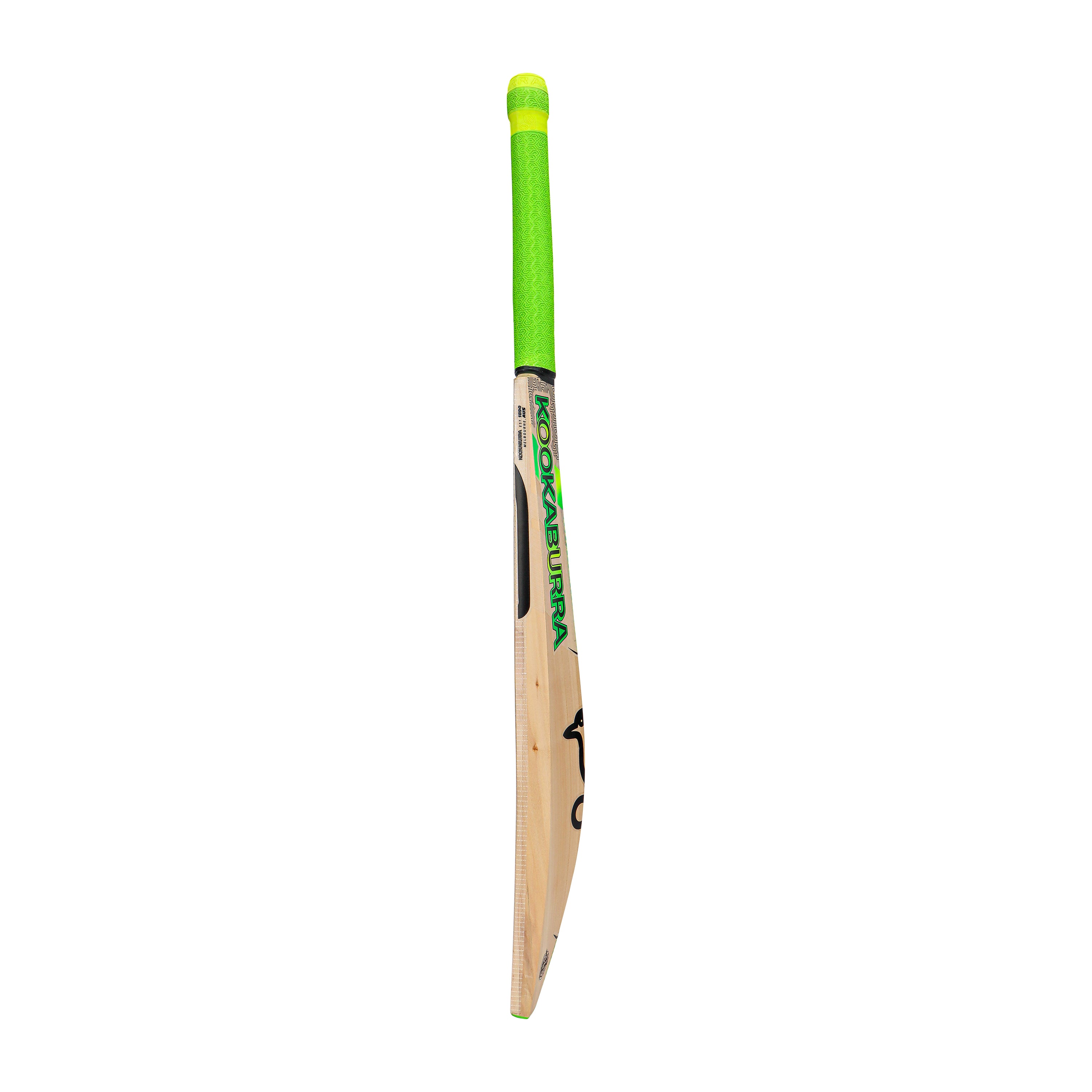 The Kookaburra Kahuna 6.3 Select Junior Cricket Bat 2026 stands upright against a white background, displaying its bright green handle and vivid Kookaburra branding.