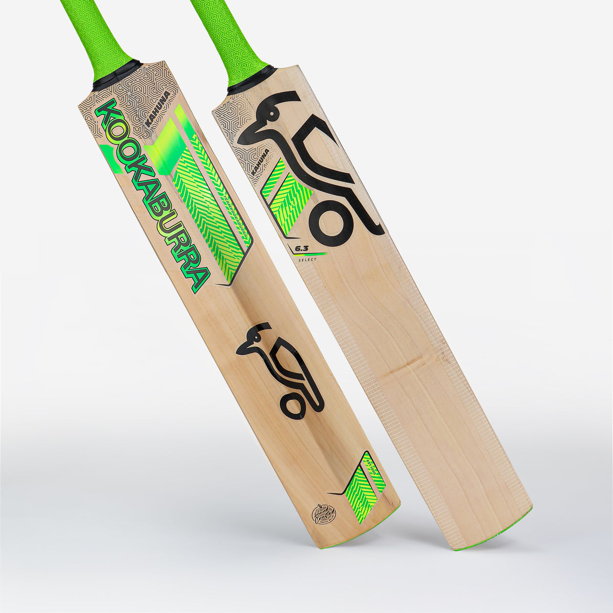 Two Kookaburra Kahuna 6.3 Select Junior Cricket Bats 2026, featuring premium English willow with light wood and green accents, are placed side by side to show the front and back with the iconic Kookaburra branding.