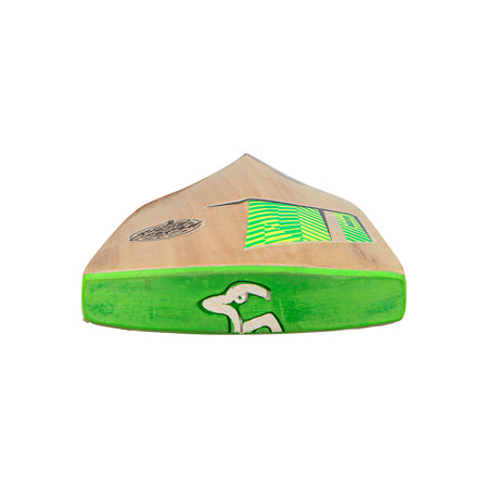 A Kookaburra Kahuna 6.3 Select Junior Cricket Bat 2026 by Kookaburra is shown from the toe end, highlighting its flat English willow face, green edge, and geometric front stickers against a plain white background.