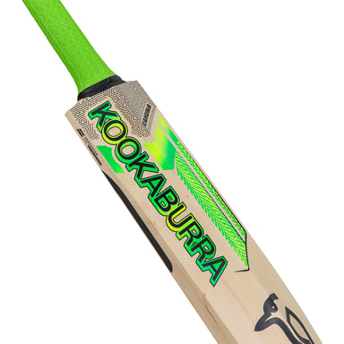 A close-up of the Kookaburra Kahuna Lite Cricket Bat 2026, a lightweight bat with a bright green handle, bold green branding, modern graphics, and the iconic Kookaburra logo.