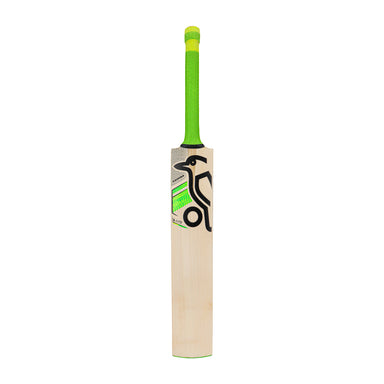 The Kookaburra Kahuna Lite Cricket Bat 2026 features a bright green handle and black-green logo on the front, and is shown upright against a white background.