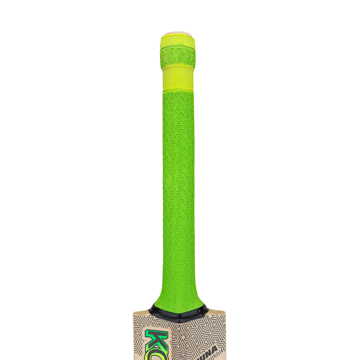 Close-up of the Kookaburra Kahuna Lite Cricket Bat 2026 handle, featuring a vivid green and yellow textured grip with part of the top blade visible at the bottom.