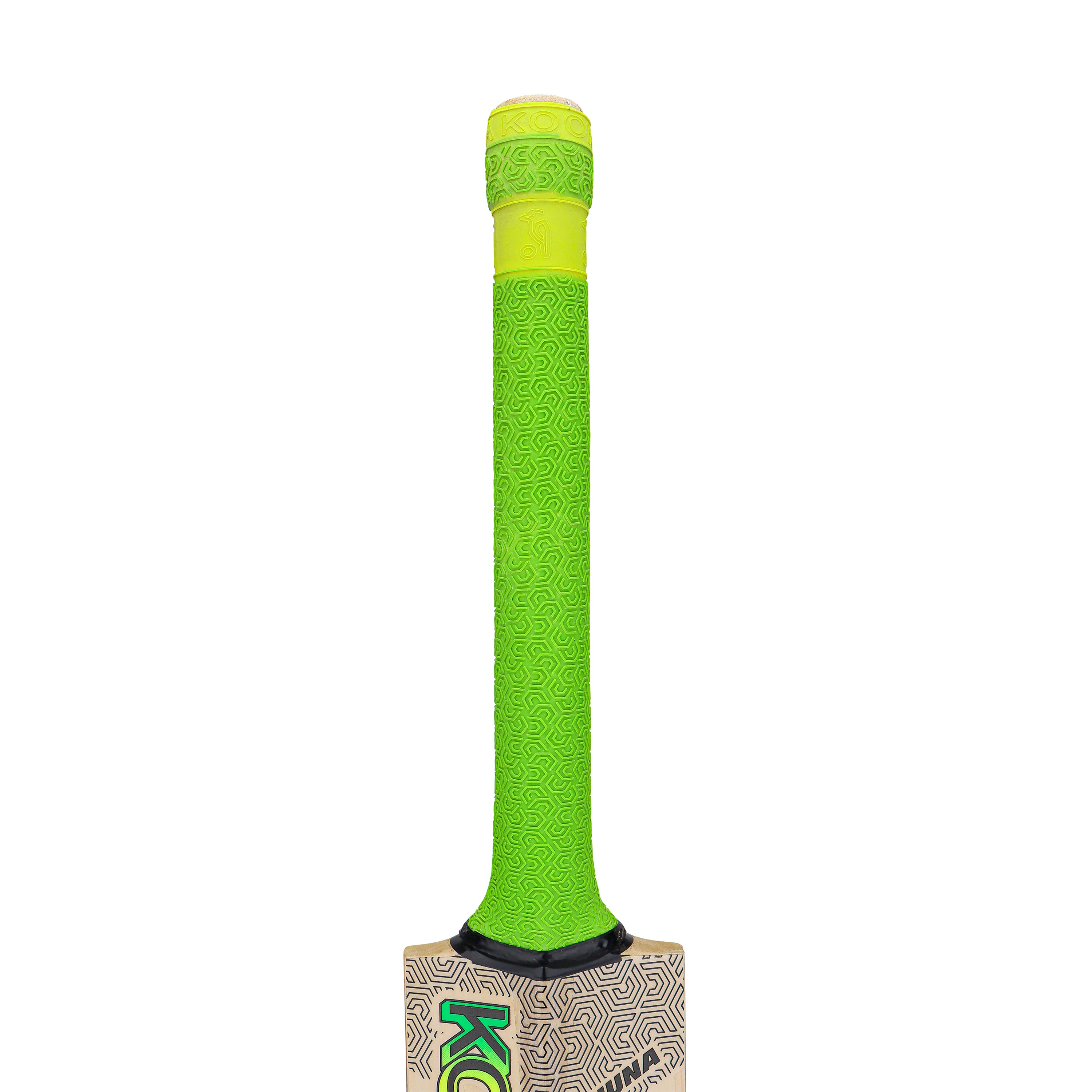 Close-up of the Kookaburra Kahuna Lite Cricket Bat 2026 handle, featuring a vivid green and yellow textured grip with part of the top blade visible at the bottom.