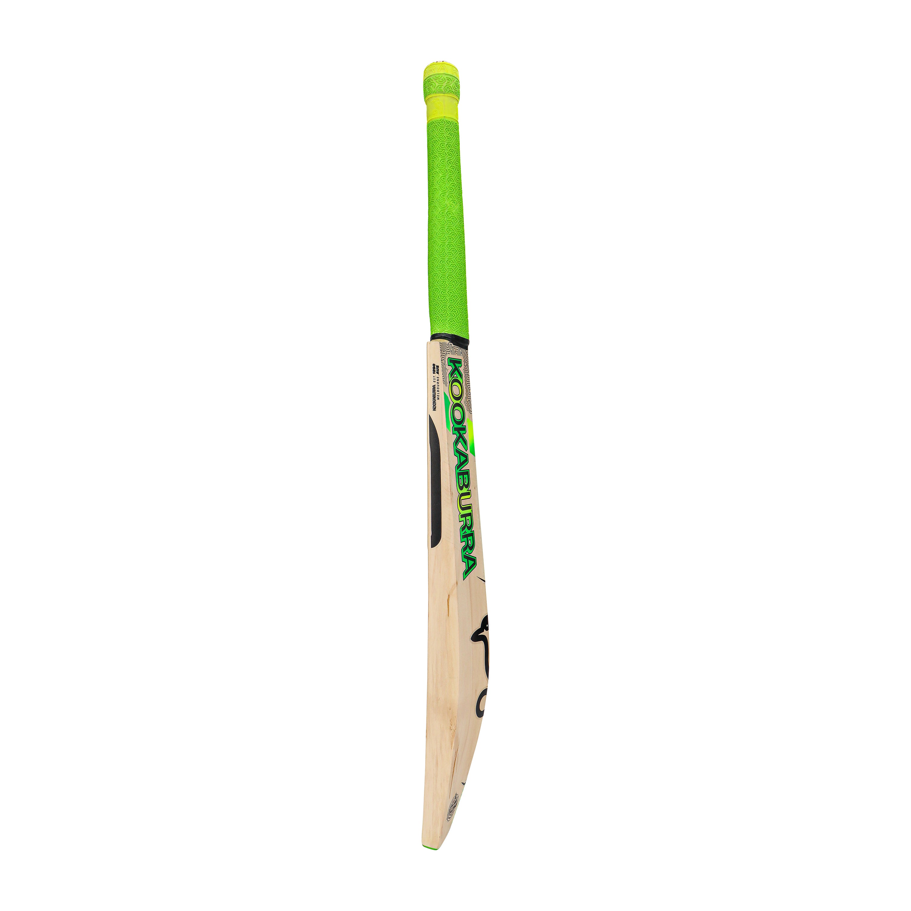The Kookaburra Kahuna Lite Cricket Bat 2026, a lightweight English Willow bat with a bright green handle and green-and-black Kookaburra branding, stands upright against a white background.