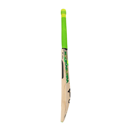 The Kookaburra Kahuna Lite Cricket Bat 2026, a lightweight English Willow bat with a bright green handle and green-and-black Kookaburra branding, stands upright against a white background.