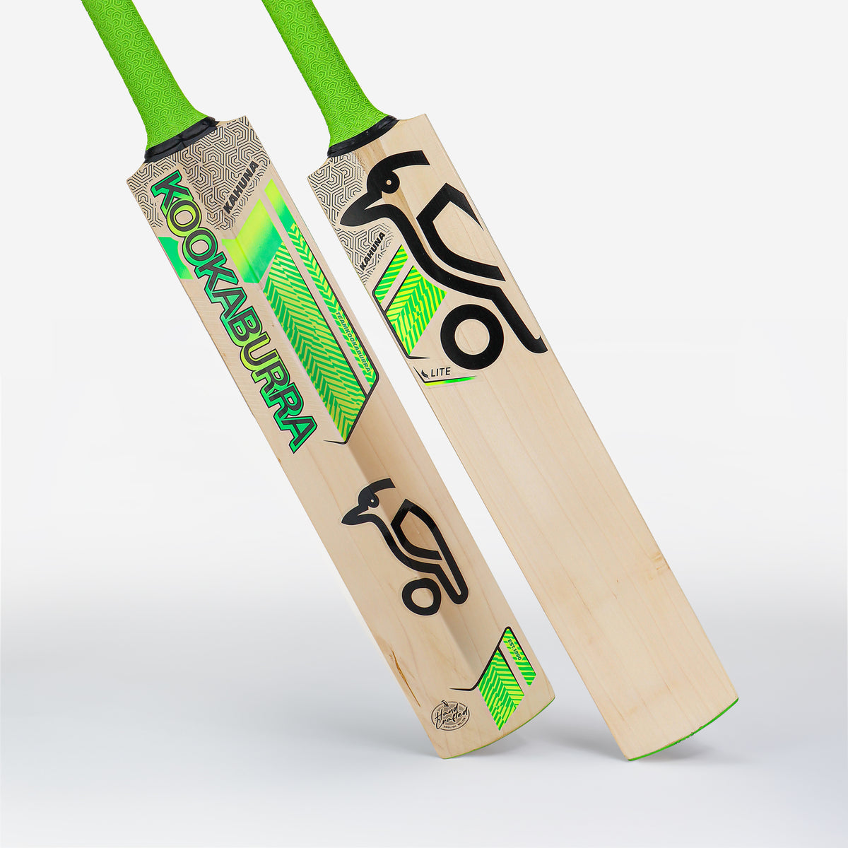 Two Kookaburra Kahuna Lite Cricket Bat 2026 by Kookaburra, with green grips, stand upright on a white background. Both lightweight bats feature green, black, and white branding with a kookaburra bird logo and bold graphics.
