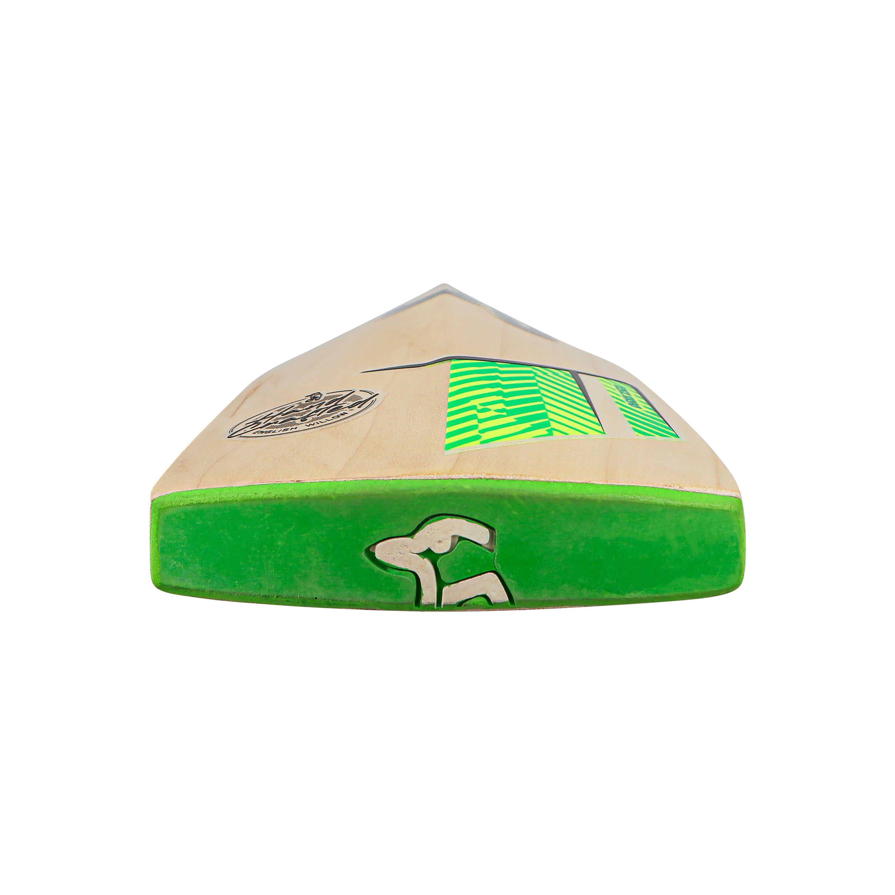 A Kookaburra Kahuna Lite Cricket Bat 2026 by Kookaburra is shown from the toe end, featuring a green edge, logo, and patterned green and black decals on light English Willow. The bat is set against a white background.