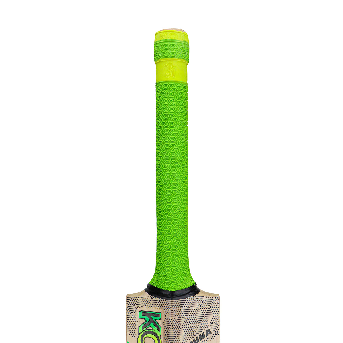The Kookaburra Big Kahuna Cricket Bat 2026 features a bright green handle with a subtle swirl pattern, capped by a yellow rubber grip. The top of the English Willow blade displays printed designs and is partially visible at the bat’s bottom.