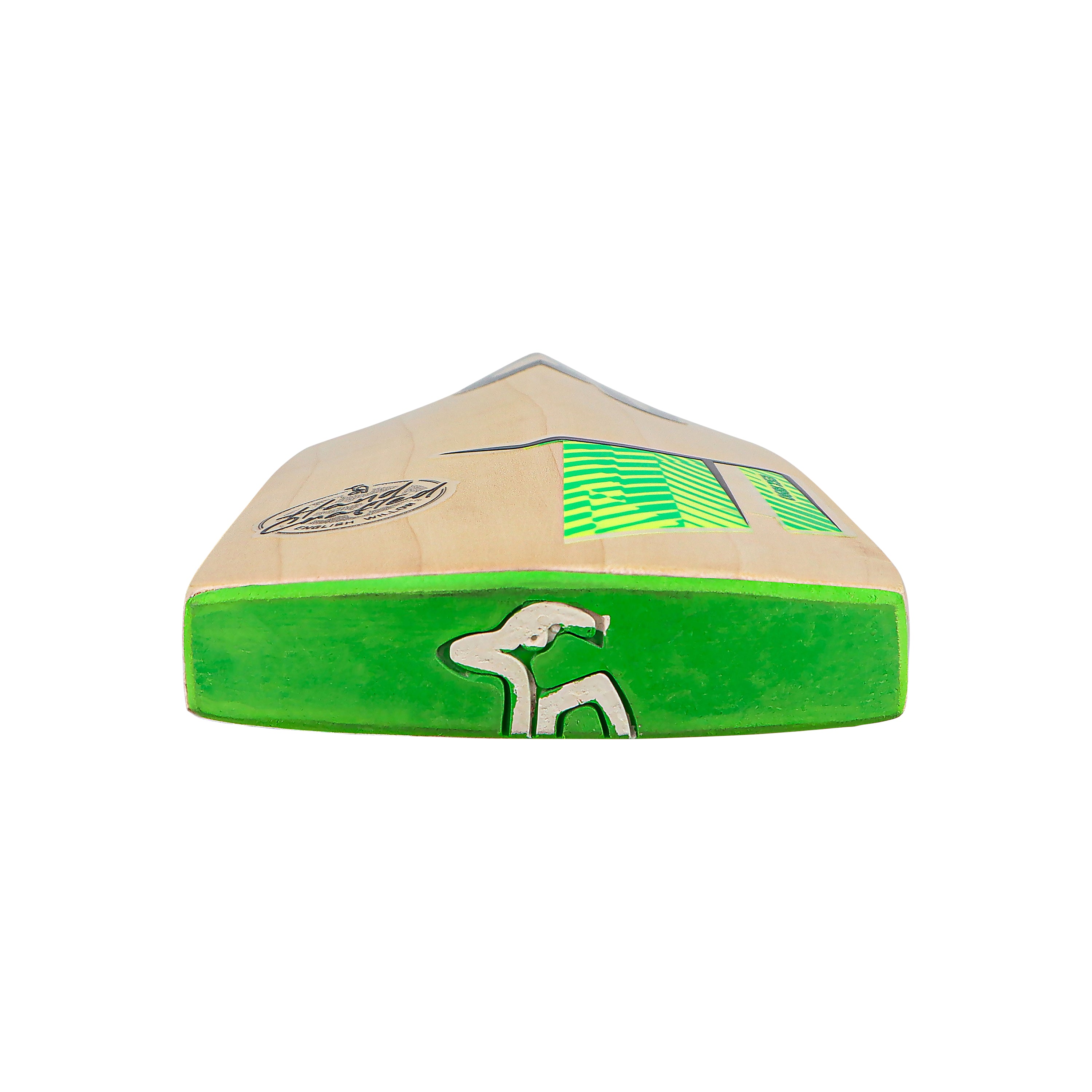 A Kookaburra Big Kahuna Cricket Bat 2026 by Kookaburra is shown from the base, featuring a flat, wide face with green and black accents and a stylized logo near the bottom, set against a white background.