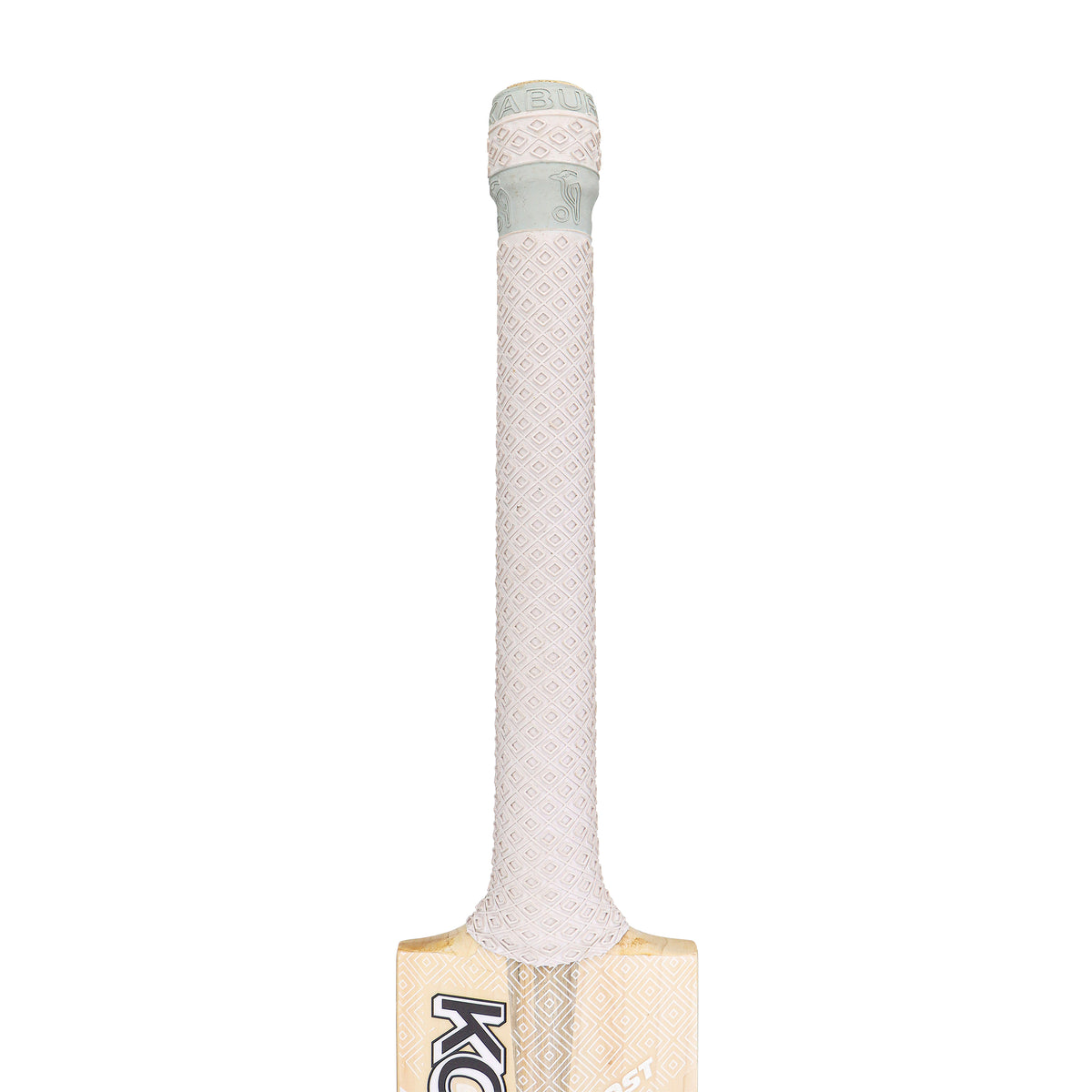A close-up of the handle and upper blade of a Kookaburra Ghost Marnus Labuschagne Pro Players Replica Cricket Bat 2026, showing its textured white grip and part of the Kookaburra logo on the Players Grade English Willow blade.