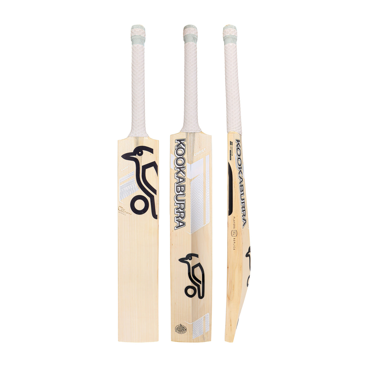 Three views of the Kookaburra Ghost Marnus Labuschagne Pro Players Replica Cricket Bat 2026, made from Players Grade English Willow with a light wood finish, white grip, and black Kookaburra logo—showing front, back, and side profiles.