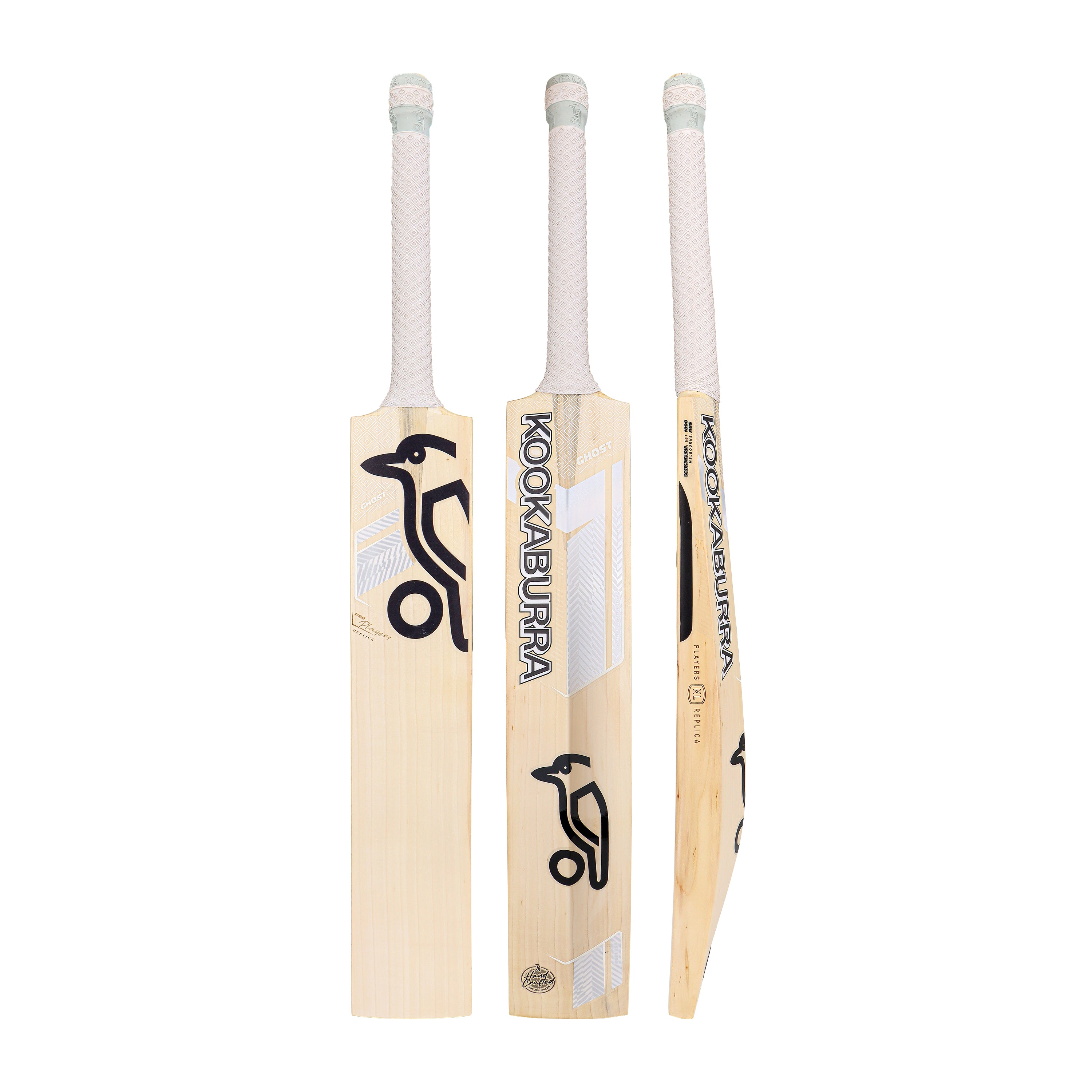 Three views of the Kookaburra Ghost Marnus Labuschagne Pro Players Replica Cricket Bat 2026, made from Players Grade English Willow with a light wood finish, white grip, and black Kookaburra logo—showing front, back, and side profiles.