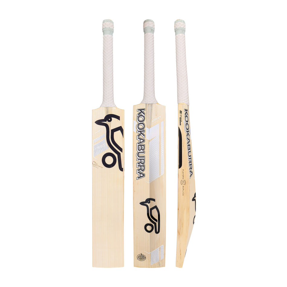 Three views of the Kookaburra Ghost Marnus Labuschagne Pro Players Replica Cricket Bat 2026, made from Players Grade English Willow with a light wood finish, white grip, and black Kookaburra logo—showing front, back, and side profiles.