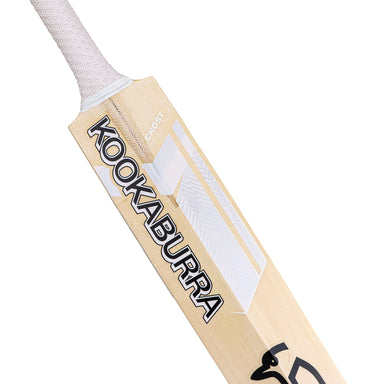 Close-up of the Kookaburra Ghost Pro Players Cricket Bat 2026, featuring a white grip on the handle and KOOKABURRA branding on its light English Willow blade—a professional-grade cricket bat.