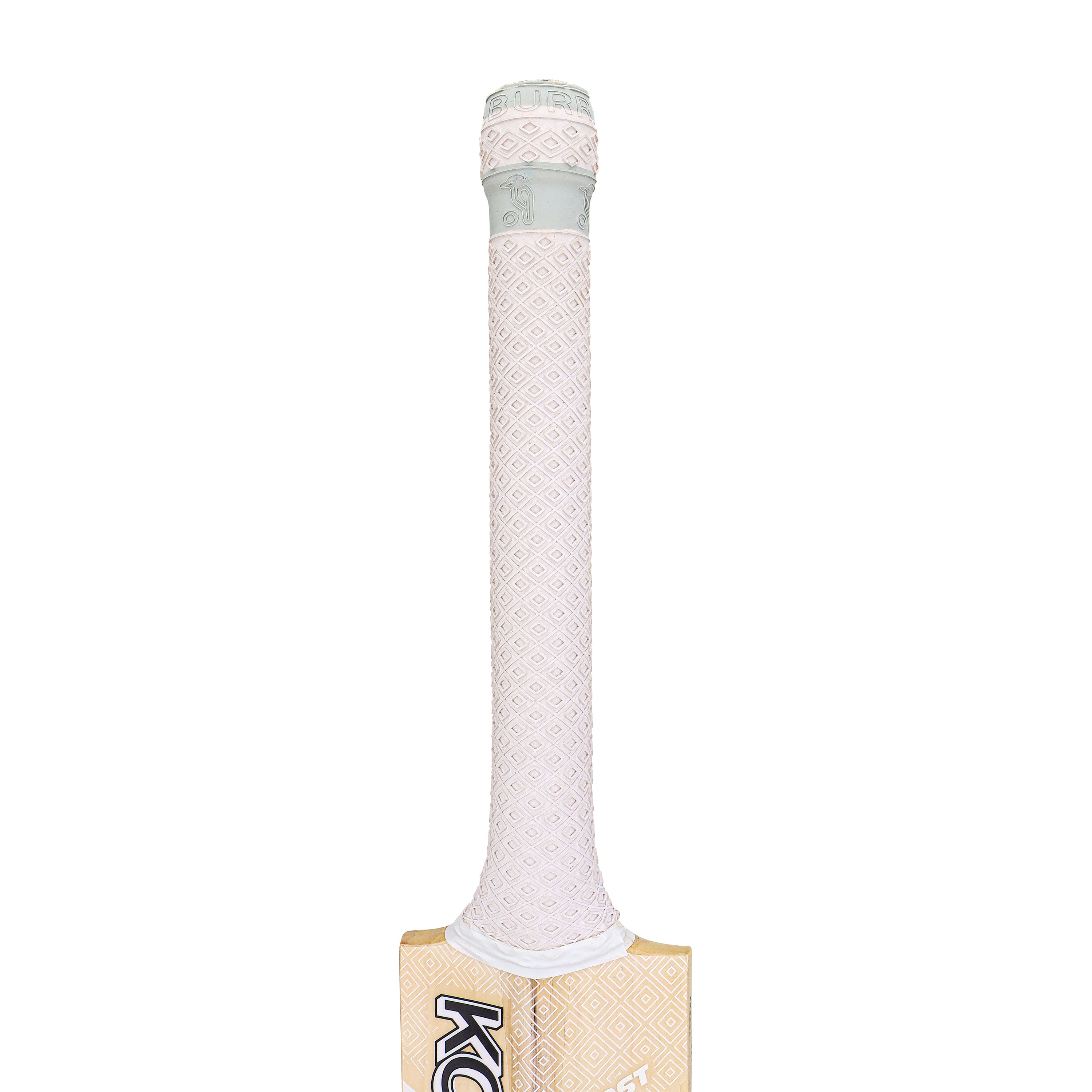 Close-up of the handle and upper portion of the Kookaburra Ghost Pro Players Cricket Bat 2026, featuring a patterned light pink grip. The English Willow blade and part of the Kookaburra logo are also visible at the bottom.