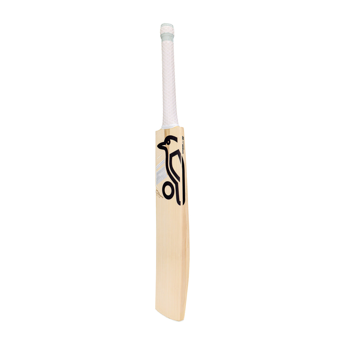 A Kookaburra Ghost Pro Players Cricket Bat 2026 by Kookaburra, made of premium English Willow, features a white-grip handle and a black stylized bird logo on the face, standing upright against a plain white background.