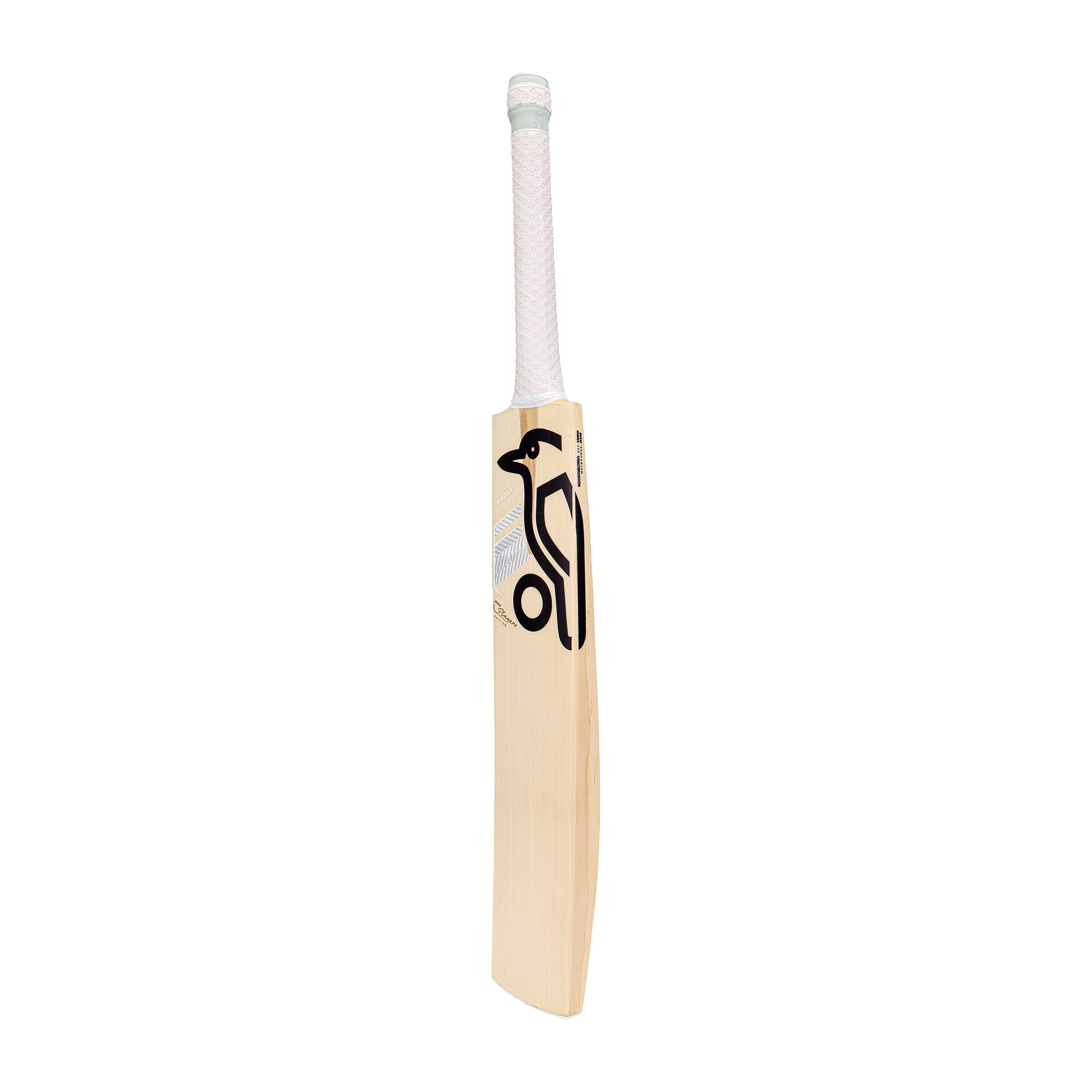 A Kookaburra Ghost Pro Players Cricket Bat 2026 by Kookaburra, made of premium English Willow, features a white-grip handle and a black stylized bird logo on the face, standing upright against a plain white background.