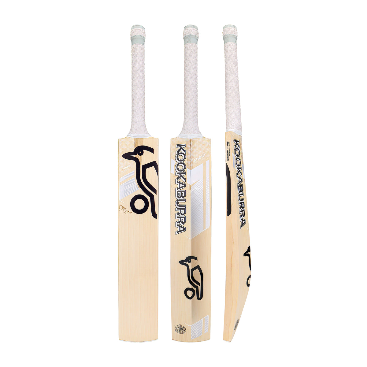 Three views of the Kookaburra Ghost Pro Players Cricket Bat 2026—front, back, and side—highlight its light wood color, white grip, and bold black Kookaburra logo on this professional English Willow bat.