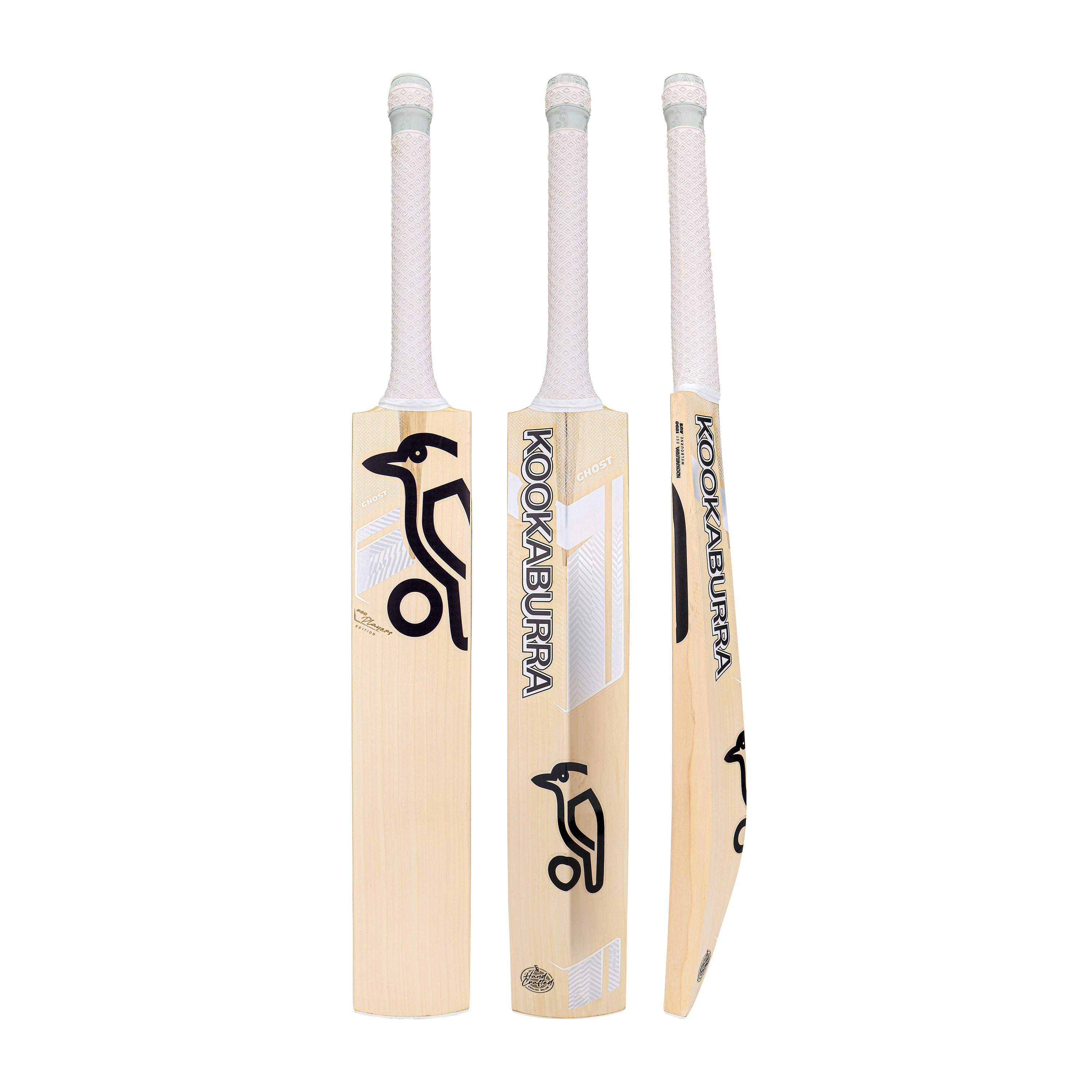 Three views of the Kookaburra Ghost Pro Players Cricket Bat 2026—front, back, and side—highlight its light wood color, white grip, and bold black Kookaburra logo on this professional English Willow bat.