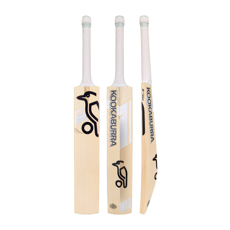 Three views of the Kookaburra Ghost Pro Players Cricket Bat 2026—front, back, and side—highlight its light wood color, white grip, and bold black Kookaburra logo on this professional English Willow bat.