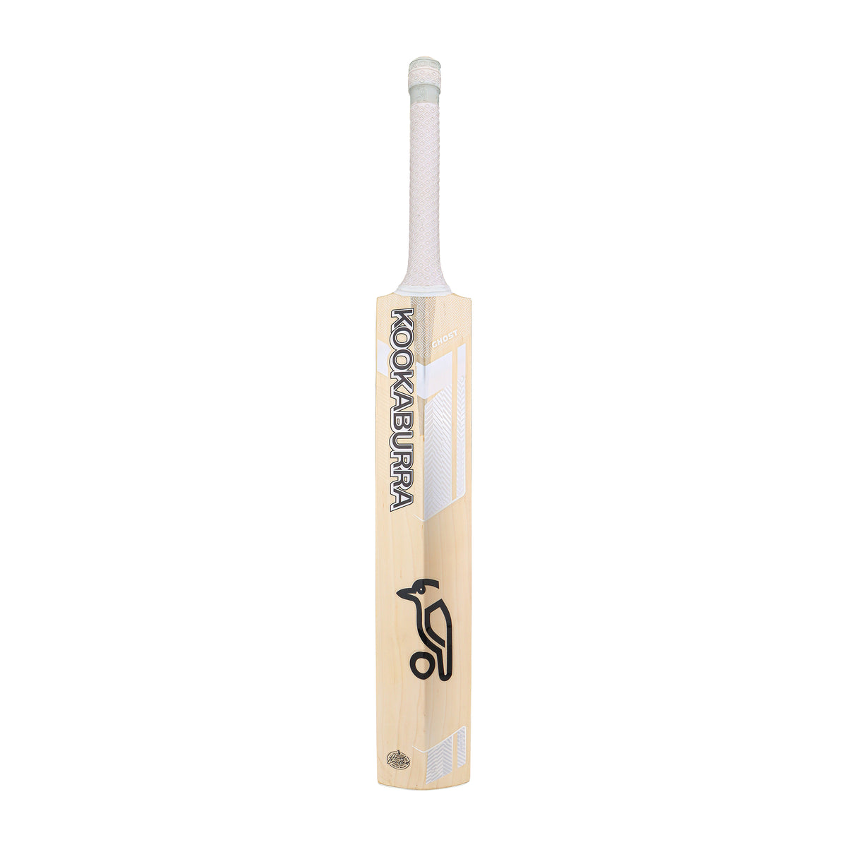 The Kookaburra Ghost Pro Players Edition Junior Cricket Bat 2026 stands upright on a white background, featuring bold black and white Kookaburra branding and a white handle.