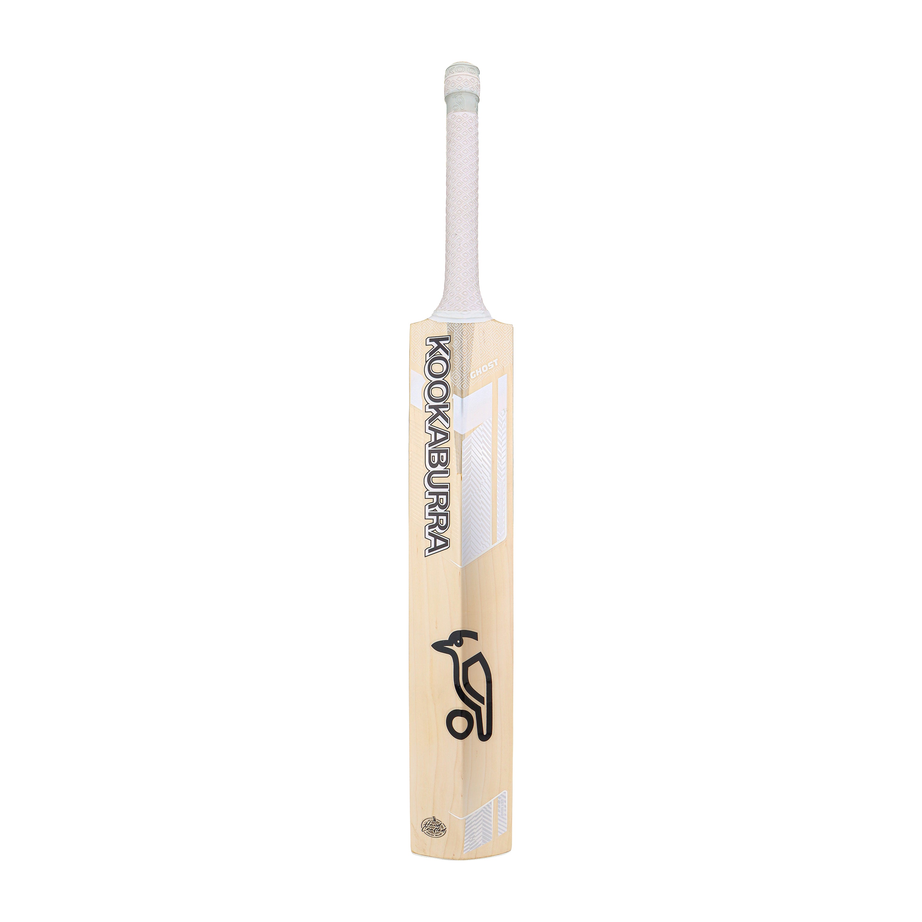 The Kookaburra Ghost Pro Players Edition Junior Cricket Bat 2026 stands upright on a white background, featuring bold black and white Kookaburra branding and a white handle.