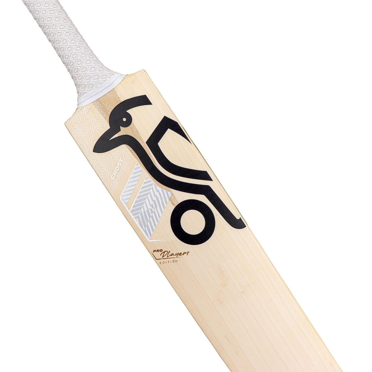 A close-up of the Kookaburra Ghost Pro Players Edition Junior Cricket Bat 2026, featuring a white grip and bold black geometric accents, with “PRO Players Edition” text.