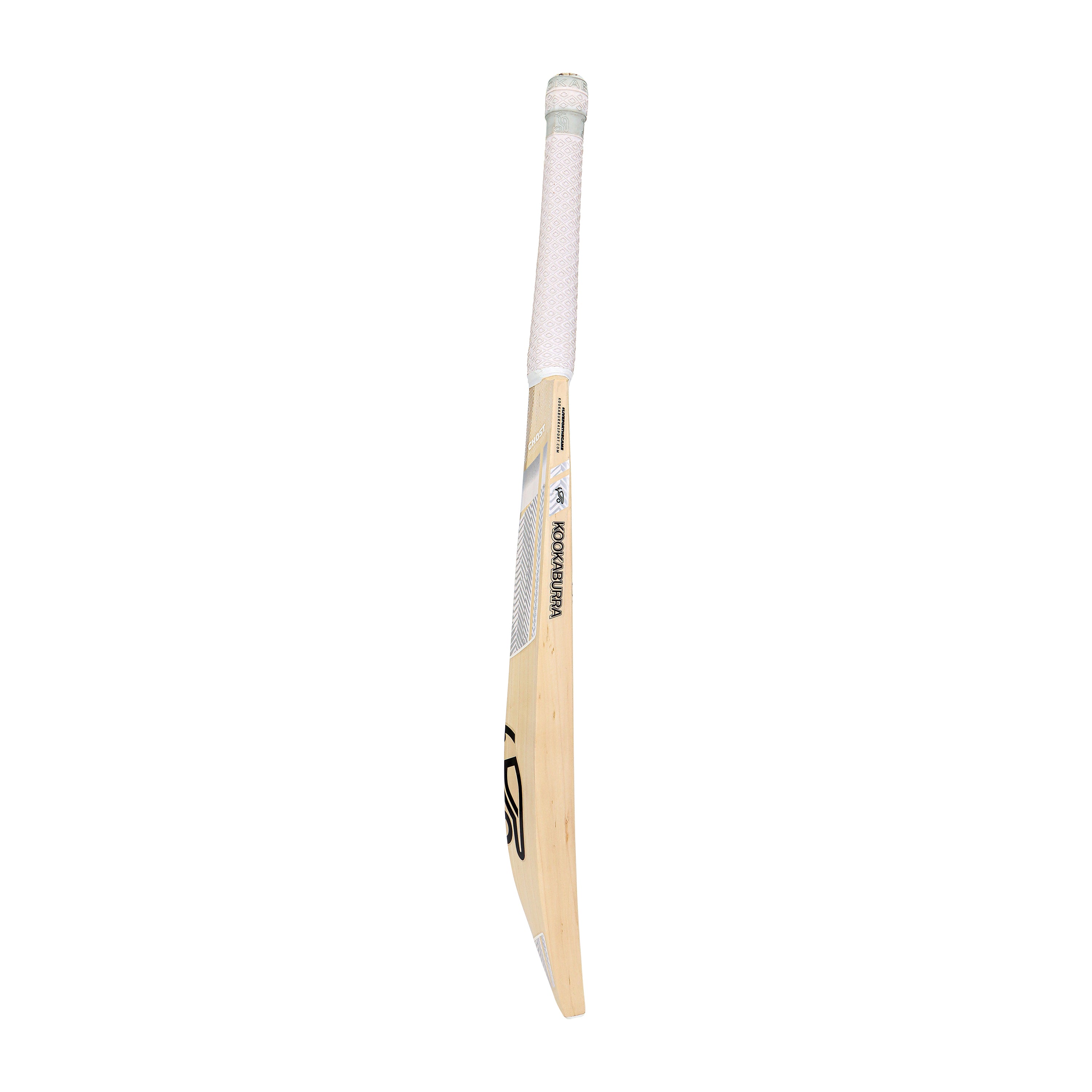 A Kookaburra Ghost Pro Players Edition Junior Cricket Bat 2026 with a white handle grip is displayed upright against a plain white background.