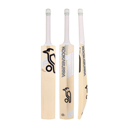 Three views of the Kookaburra Ghost Pro Players Edition Junior Cricket Bat 2026 by Kookaburra, featuring a white grip and black logo, are shown from the front, angled side, and edge against a white background.