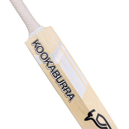 A close-up of the Kookaburra Ghost Pro 1.1 Players Select Cricket Bat 2026 shows the Kookaburra branding, a sleek white finish, and part of the textured grip handle—ideal for a professional cricket bat appearance.