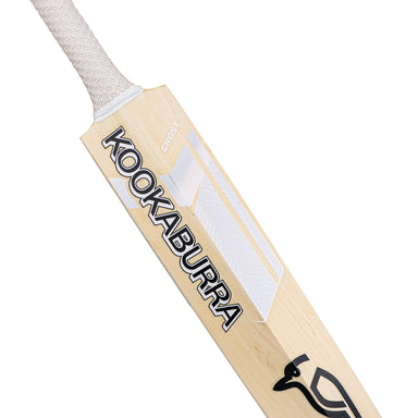 A close-up of the Kookaburra Ghost Pro 1.1 Players Select Cricket Bat 2026 shows the Kookaburra branding, a sleek white finish, and part of the textured grip handle—ideal for a professional cricket bat appearance.