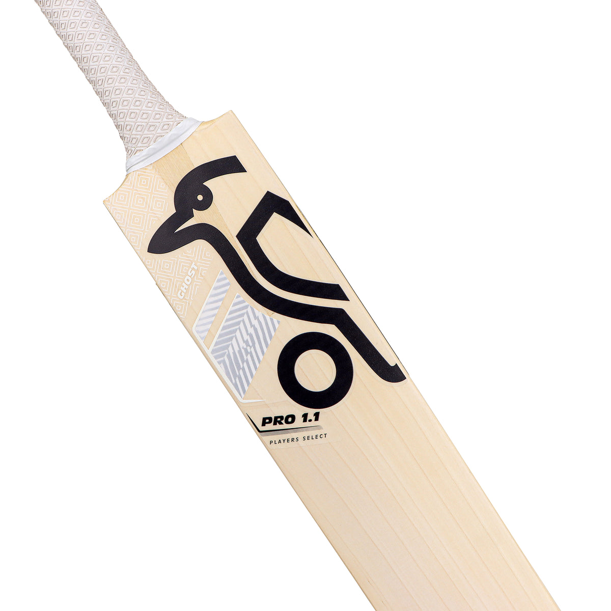 A close-up of the Kookaburra Ghost Pro 1.1 Players Select Cricket Bat 2026 features a white grip and a bold black geometric logo on its light English Willow blade.
