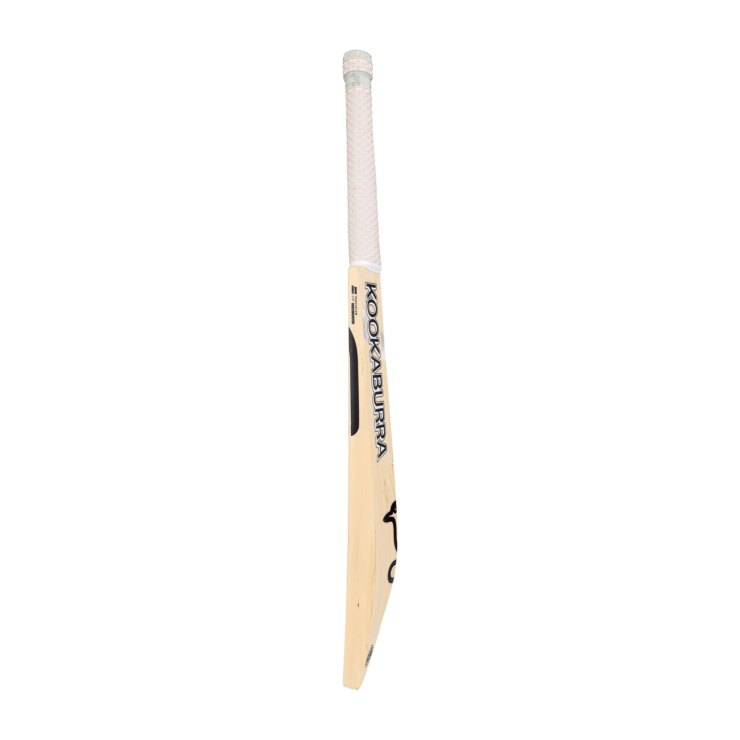 The Kookaburra Ghost Pro 1.1 Players Select Cricket Bat 2026 features a white grip and natural wood finish, shown upright against a white background—perfect for players seeking a professional cricket bat from Kookaburra.