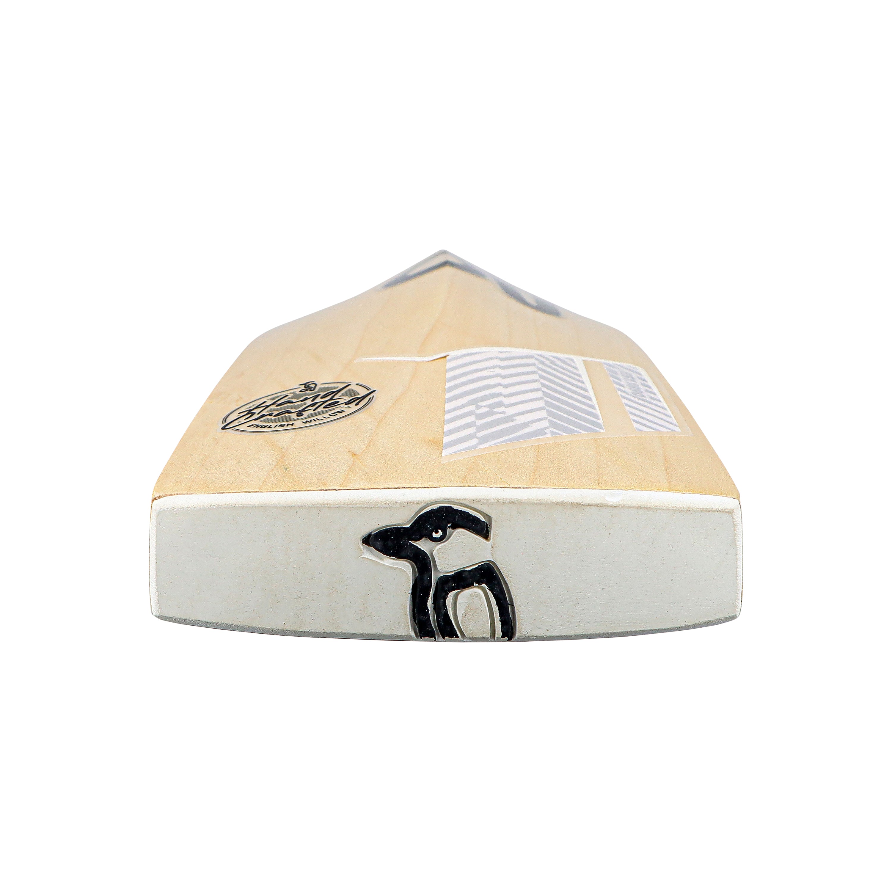 Close-up of the bottom end of a Kookaburra Ghost Pro 1.1 Players Select Cricket Bat 2026, showing the black Kookaburra logo, with stickers and grain lines visible on its English Willow surface against a plain white background.