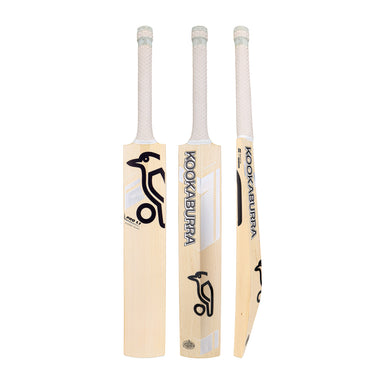 Three Kookaburra Ghost Pro 1.1 Players Select Cricket Bat 2026 bats by Kookaburra are displayed from the front, back, and side. They feature light wood finishes, white handles, and black Kookaburra bird logos on the blade.